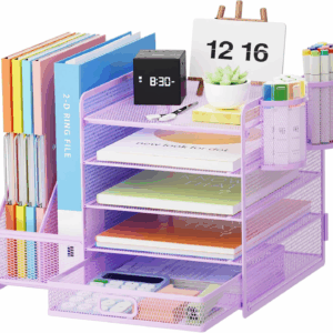 Desk Organizer with File Holder, 5-Tier Paper Letter Tray Organizer with Drawer and 2 Pen Holder, Mesh Desktop Organizer and Storage with Magazine Holder for Office Supplies(Purple)