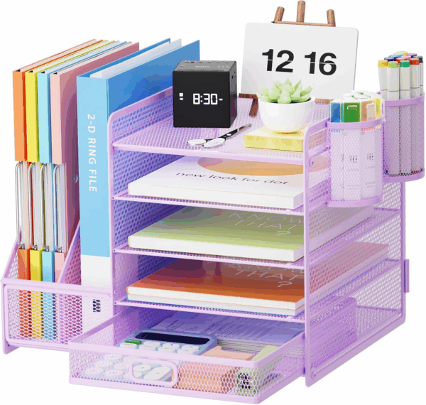 Desk Organizer with File Holder, 5-Tier Paper Letter Tray Organizer with Drawer and 2 Pen Holder, Mesh Desktop Organizer and Storage with Magazine Holder for Office Supplies(Purple)
