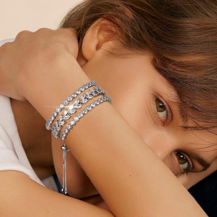 3 Pcs Tennis Bracelet Set 14K Gold Plated Marquise Cubic Zirconia CZ Diamond Dainty Adjustable Silver Bracelets for Women Brides Stackable Fashion Jewelry Wedding Prom Gift - Image 4