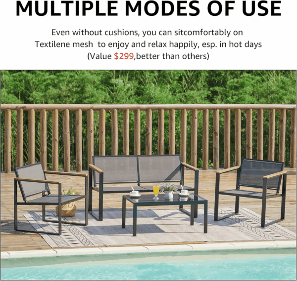 4 Pieces Patio Furniture Sets,Metal Outdoor Patio Furniture Sets,Outdoor Sectional Patio Conversation Set,Wooden Anti-Scald Armrest,Sling Mesh,4" Olefin Cushions - Image 5