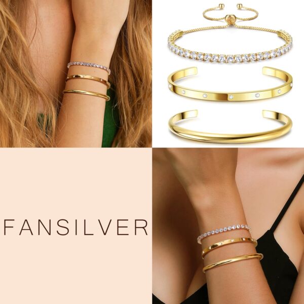 14K Gold Bracelets for Women Trendy Bangle Cuff Chain Bracelets Set Gold Plated Paperclip Bead Tennis Bracelet Chunky Gold Filled Bracelet Stack 3/4PCS - Image 4
