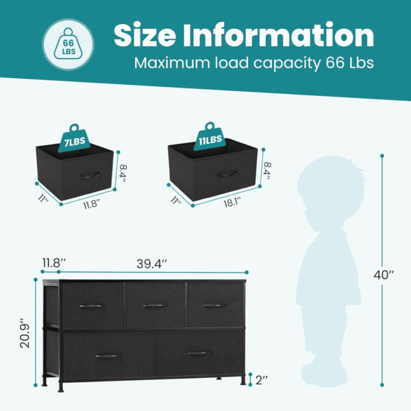Dresser for Bedroom with 5 Drawers, Wide Chest of Drawers, Fabric Bedroom Dresser with Drawer Organizer, Storage Organizer Unit with Fabric Bins for Closet, Living Room, Hallway, Classic Black - Image 3