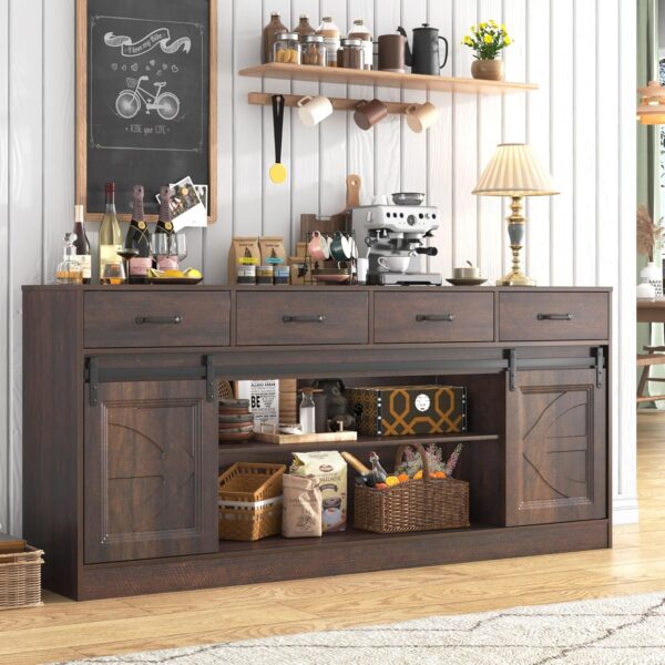 70” Large Sideboard Buffet Cabinet with Storage, Farmhouse Kitchen Buffet Storage Cabinet with 4 Drawers, Coffee Bar Cabinet with Sliding Barn Door, Credenza for Living Room, Dining Room, Brown