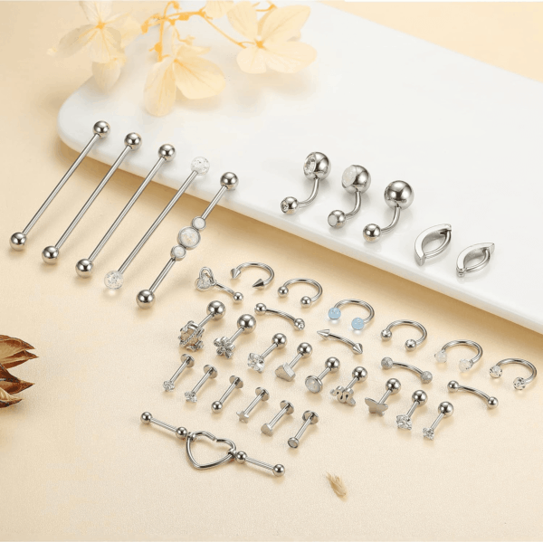 37 Pcs 14G-16G Body Piercing Jewelry for Women 316L Stainless Steel Industiral Cartilage Earrings Clicker Belly Button Rings Lip Eyebrow Rings Horsehoe Septum Rings Body Piercing Jewelry Set - Image 3