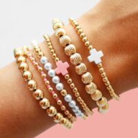 Gold Beaded Bracelet Set for Women Non Tarnish Chunky Stretch Paperclip Cross Pearl Stackable Jewelry - Image 8
