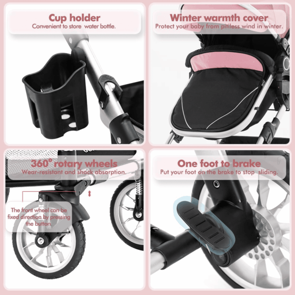 Baby Stroller for Toddler,Bassinet Stroller,Foldable Aluminum Alloy Pushchair with Adjustable Backrest,Adjustable Direction Pink - Image 5