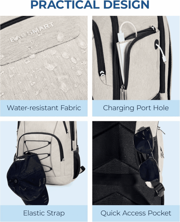 Travel Laptop Backpack, 15.6 Inch Laptop Backpack with USB Charger Hole, Water Resistant College Bookbag for Women Men, Casual Daily Backpack for Travel, Beige - Image 7