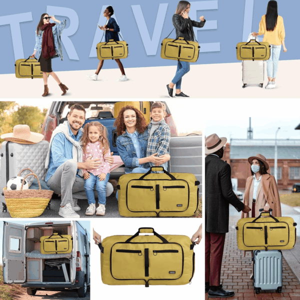 65L Duffle Bag with Shoes Compartment, Foldable Travel Duffel Bags for Men Women, Large Packable Travel Bag Water Repellent & Tear Resistant (Brown) - Image 2
