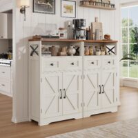 Set of 2 Farmhouse Storage Cabinet with Barn Doors and Drawers, Freestanding Kitchen Pantry, Floor Storage Cabinet Hutch Cupboard for Kitchen, Laundry, Living Room, White - Image 9