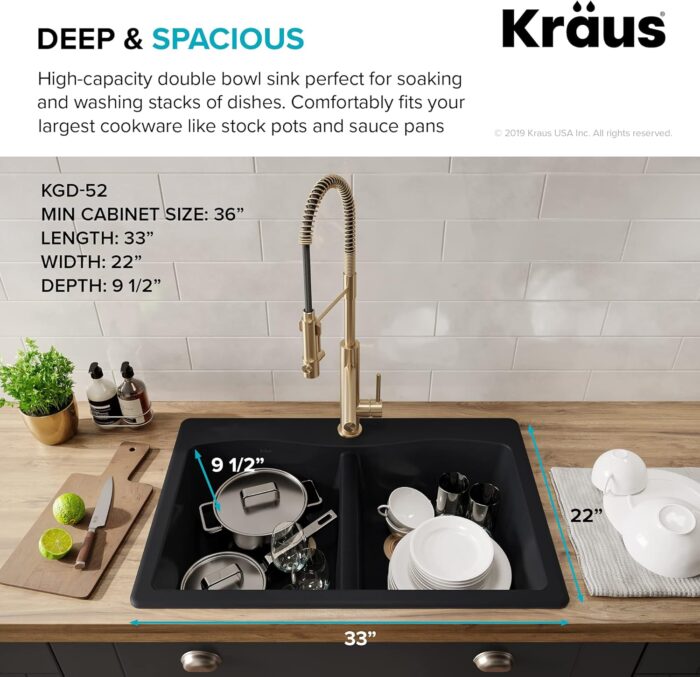 Forteza™ 33” Dual Mount 50/50 Double Bowl Granite Kitchen Sink in Grey, KGD-52GREY - Image 4