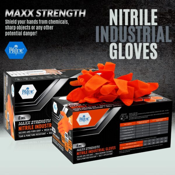 Maxx Strength Nitrile Industrial Orange Gloves, 8 Mil Thick - Diamond Texture Disposable Heavy-Duty, Tear-Resistant - Image 3