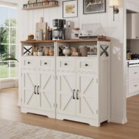 Set of 2 Farmhouse Storage Cabinet with Barn Doors and Drawers, Freestanding Kitchen Pantry, Floor Storage Cabinet Hutch Cupboard for Kitchen, Laundry, Living Room, White