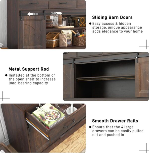 70” Large Sideboard Buffet Cabinet with Storage, Farmhouse Kitchen Buffet Storage Cabinet with 4 Drawers, Coffee Bar Cabinet with Sliding Barn Door, Credenza for Living Room, Dining Room, Brown - Image 6