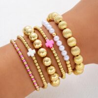 Gold Beaded Bracelet Set for Women Non Tarnish Chunky Stretch Paperclip Cross Pearl Stackable Jewelry - Image 3