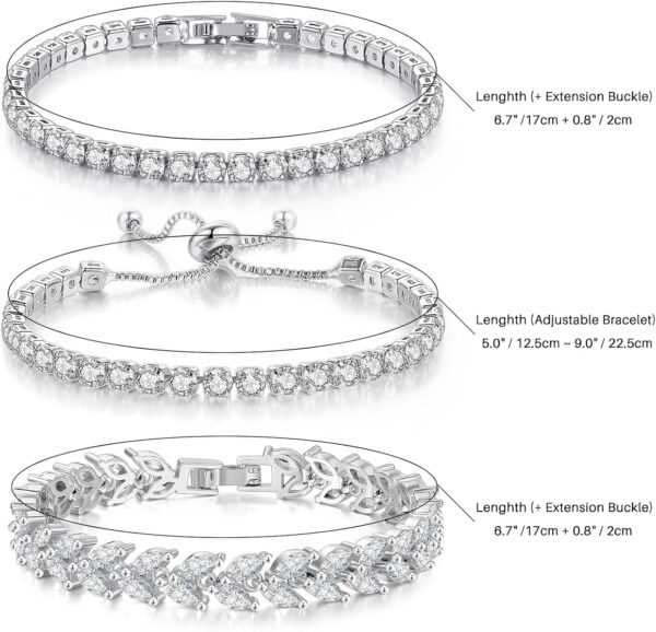 3 Pcs Tennis Bracelet Set 14K Gold Plated Marquise Cubic Zirconia CZ Diamond Dainty Adjustable Silver Bracelets for Women Brides Stackable Fashion Jewelry Wedding Prom Gift - Image 3