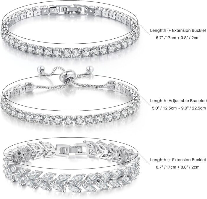 3 Pcs Tennis Bracelet Set 14K Gold Plated Marquise Cubic Zirconia CZ Diamond Dainty Adjustable Silver Bracelets for Women Brides Stackable Fashion Jewelry Wedding Prom Gift - Image 3