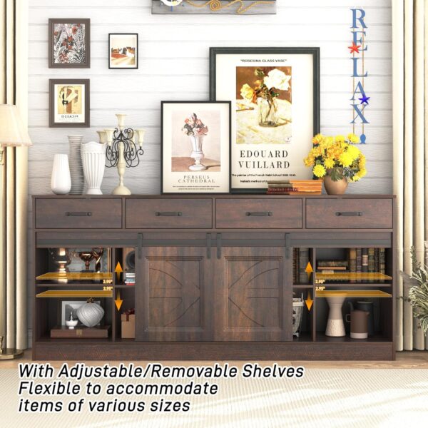 70” Large Sideboard Buffet Cabinet with Storage, Farmhouse Kitchen Buffet Storage Cabinet with 4 Drawers, Coffee Bar Cabinet with Sliding Barn Door, Credenza for Living Room, Dining Room, Brown - Image 5