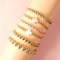 Gold Beaded Bracelet Set for Women Non Tarnish Chunky Stretch Paperclip Cross Pearl Stackable Jewelry - Image 10