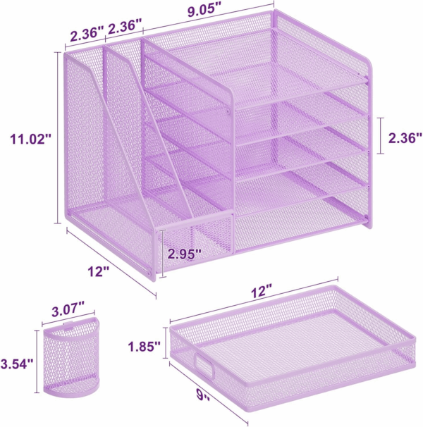 Desk Organizer with File Holder, 5-Tier Paper Letter Tray Organizer with Drawer and 2 Pen Holder, Mesh Desktop Organizer and Storage with Magazine Holder for Office Supplies(Purple) - Image 6