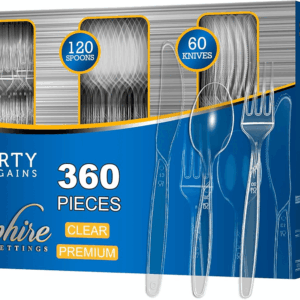 Disposable Cutlery Set, SAPPHIRE Design, Clear Color, 360 Pieces: 180 Forks, 120 Spoons, 60 Knives