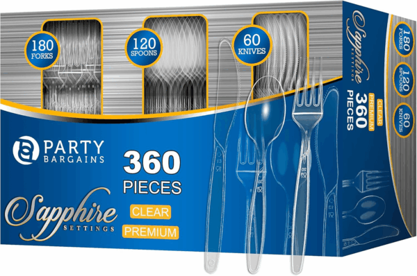 Disposable Cutlery Set, SAPPHIRE Design, Clear Color, 360 Pieces: 180 Forks, 120 Spoons, 60 Knives