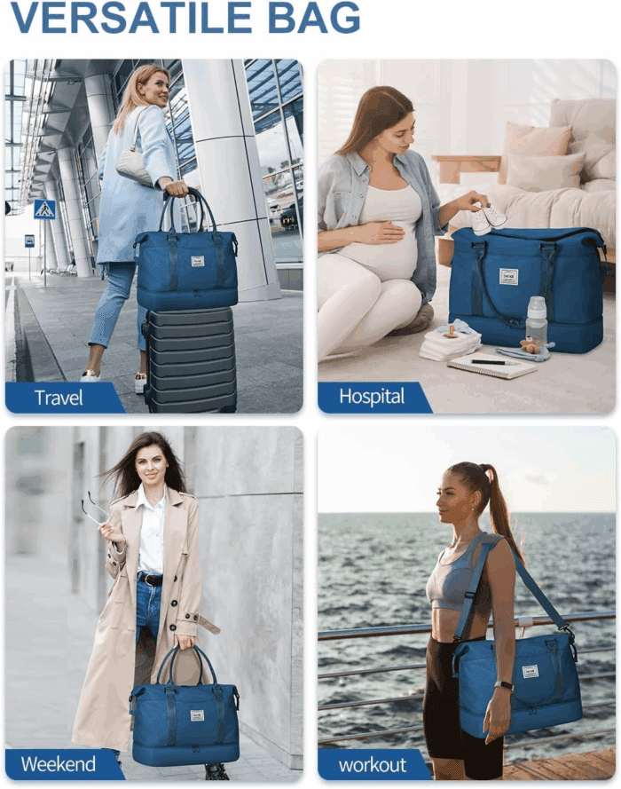 Travel Duffel Bag, Weekender Bags for Women, Overnight Gym Carry on Tote Bag with Wet Pocket, Hospital Mom Bag for Labor and Delivery - Extra Large Set, Peacock Blue - Image 8