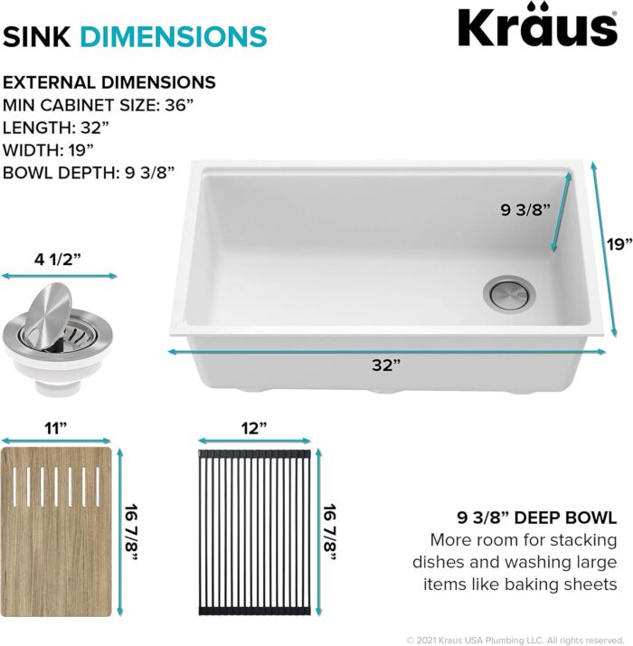 Kitchen Sink Bellucci 32” Undermount Workstation Granite, Metallic White, Accessories, KGUW1-33WH - Image 7