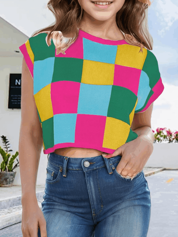 Girls Summer Crop Tops Spring Vest Cute Tanks Cap Sleeve Colorblock Tee Loose Kids Fall Knit Top - Image 2