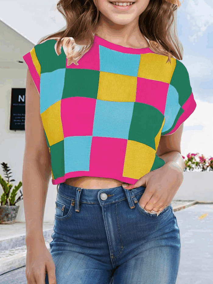 Girls Summer Crop Tops Spring Vest Cute Tanks Cap Sleeve Colorblock Tee Loose Kids Fall Knit Top - Image 2