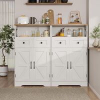 Set of 2 Farmhouse Storage Cabinet with Barn Doors and Drawers, Freestanding Kitchen Pantry, Floor Storage Cabinet Hutch Cupboard for Kitchen, Laundry, Living Room, White - Image 5