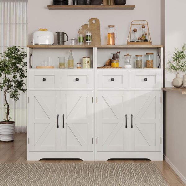 Set of 2 Farmhouse Storage Cabinet with Barn Doors and Drawers, Freestanding Kitchen Pantry, Floor Storage Cabinet Hutch Cupboard for Kitchen, Laundry, Living Room, White - Image 5
