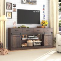 70” Large Sideboard Buffet Cabinet with Storage, Farmhouse Kitchen Buffet Storage Cabinet with 4 Drawers, Coffee Bar Cabinet with Sliding Barn Door, Credenza for Living Room, Dining Room, Brown - Image 7