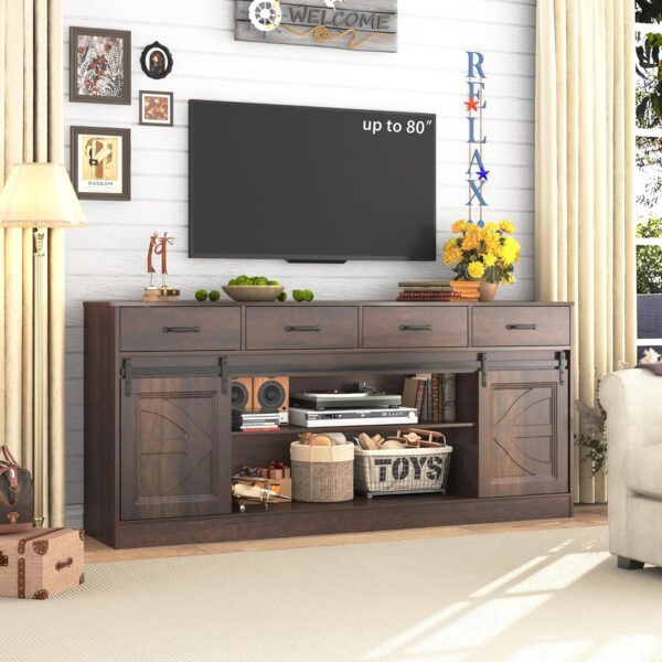 70” Large Sideboard Buffet Cabinet with Storage, Farmhouse Kitchen Buffet Storage Cabinet with 4 Drawers, Coffee Bar Cabinet with Sliding Barn Door, Credenza for Living Room, Dining Room, Brown - Image 7