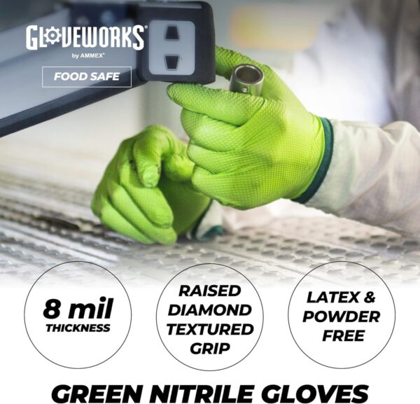 HD Green Nitrile Gloves, 8 Mil Nitrile Gloves Medium-Xxl Sizes, Nitrile Disposable Gloves with Raised Diamond Grip - Image 3