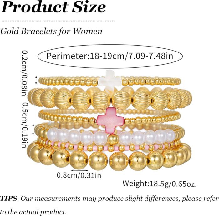 Gold Beaded Bracelet Set for Women Non Tarnish Chunky Stretch Paperclip Cross Pearl Stackable Jewelry - Image 7