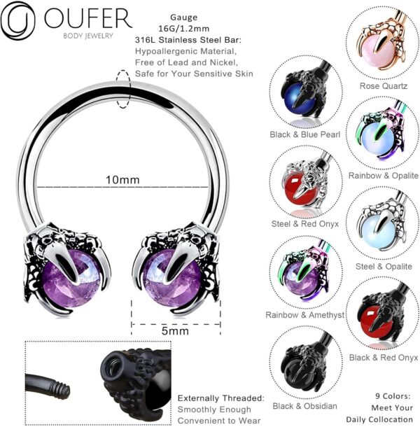 316L Surgical Steel Circular Earrings Two White Opals Surrounded by Dragon Claws Cartilage Earing Ear Body Piercing Jewelry Helix Earrings Piercing… - Image 5