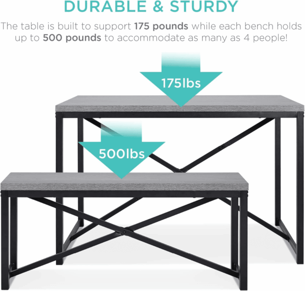 45.5In 3-Piece Bench Style Dining Furniture Set, 4-Person Space-Saving Dinette for Kitchen, Dining Room W/ 2 Benches, Table - Gray/Black - Image 6