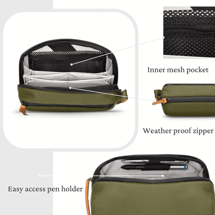 Tech Bag Organizer - Small Electronics Organizer Pouch for Travel - Premium Travel Case with Leather Accents - Mesh Pocket for Cables, Cords and Chargers (Green) - Image 8