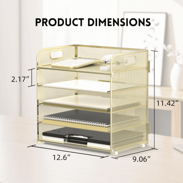 5 Trays Paper Organizer Letter Tray with Handle-Mesh Desk File Organizer, Paper Sorter Desk Organizer for Office, Home or School (Golden) - Image 5