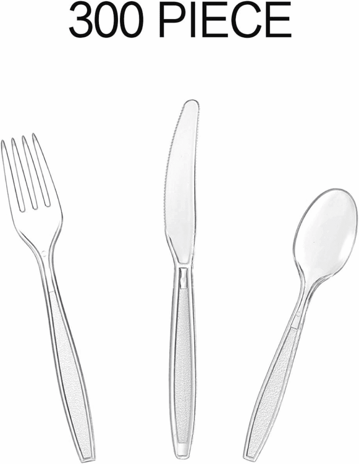 Cutlery Set Plastic Utensils Clear Forks Spoons Knives Disposable Silverware Heavyweight [300 Combo Box] - Image 2