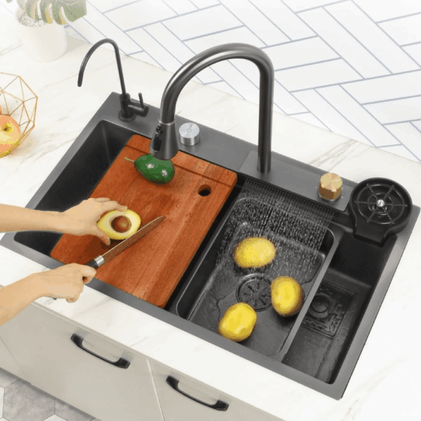 Black Waterfall Kitchen Sink, Drop in Single Bowl Stainless Steel Bar Sink with Cup Washer Sinks, Topmount Workstation Kitchen Sink with Accessories (Size : 26.8 X 17.7In) - Image 2