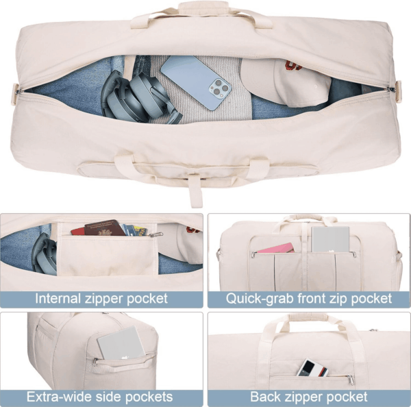 120L Travel Duffle Bag for Men and Women,  34” Large Duffle Bag for Traveling with Shoe Compartment, Foldable Duffel Bag Water & Tear Resistant (Beige) - Image 4