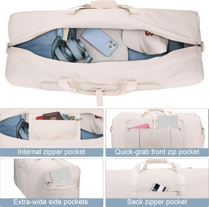 120L Travel Duffle Bag for Men and Women,  34” Large Duffle Bag for Traveling with Shoe Compartment, Foldable Duffel Bag Water & Tear Resistant (Beige) - Image 4