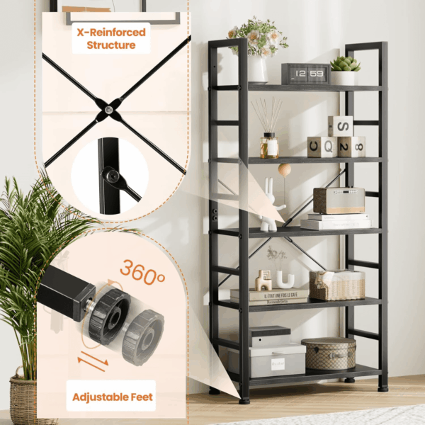 5-Tier Book Shelf Tall Modern Bookcase Set of 2 for Books, Cds, Movies, Storage and Organization Bookshelf Industrial Home Decor for Bedroom Office Kitchen Living Room, Black & Brown - Image 7
