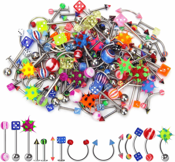 Lot of 110PCS Body Jewelry Piercing Eyebrow Navel Belly Tongue Lip Bar Ring