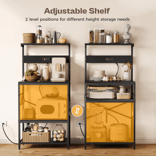 Kitchen Bakers Rack with Power Outlet, Coffee Bar Table 4 Tiers, Kitchen Microwave Stand with 6 S-Shaped Hooks, Kitchen Storage Shelf Rack for Spices, Pots and Pans - Black - Image 4