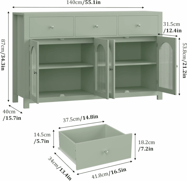Buffet Cabinet with Storage, 55.1" Large Sideboard Buffet, Farmhouse Kitchen Cabinet with 3 Drawers and 4 Doors, Wood Coffee Bar Table for Kitchen, Green - Image 3