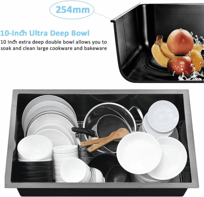 27 Inch Black Undermount Sink - 27X19 Undermount Kitchen Sink Deep Single Bowl Stainless Steel Black Kitchen Sink with Colander - Image 7
