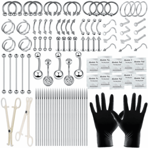 103PCS Piercing Kit for All Body Piercings Stainless Steel Piercing Jewelry with 12G 14G 16G 20G Piercing Needles and Tools for Nose Septum Belly Button Lip Ear Tongue Cartilage Eyebrow Tragus