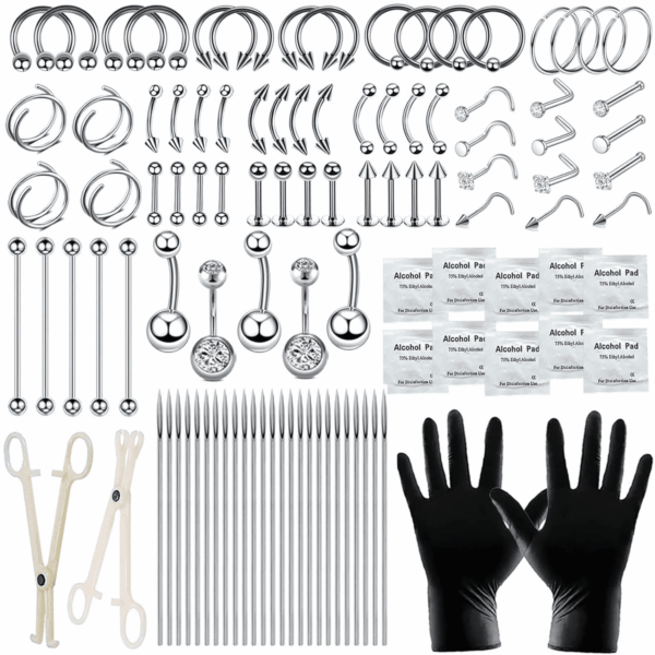 103PCS Piercing Kit for All Body Piercings Stainless Steel Piercing Jewelry with 12G 14G 16G 20G Piercing Needles and Tools for Nose Septum Belly Button Lip Ear Tongue Cartilage Eyebrow Tragus